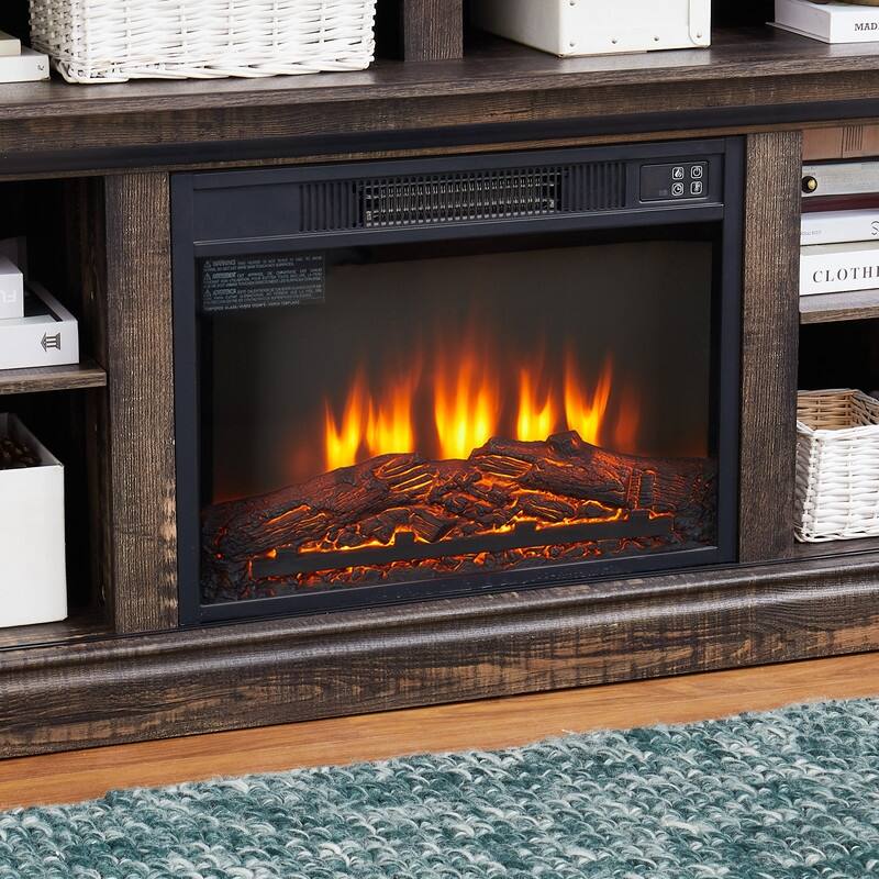 Antique Brown Modern TV Stand with Built-In Fireplace & Sliding Door Storage, 58" Wide Entertainment Console