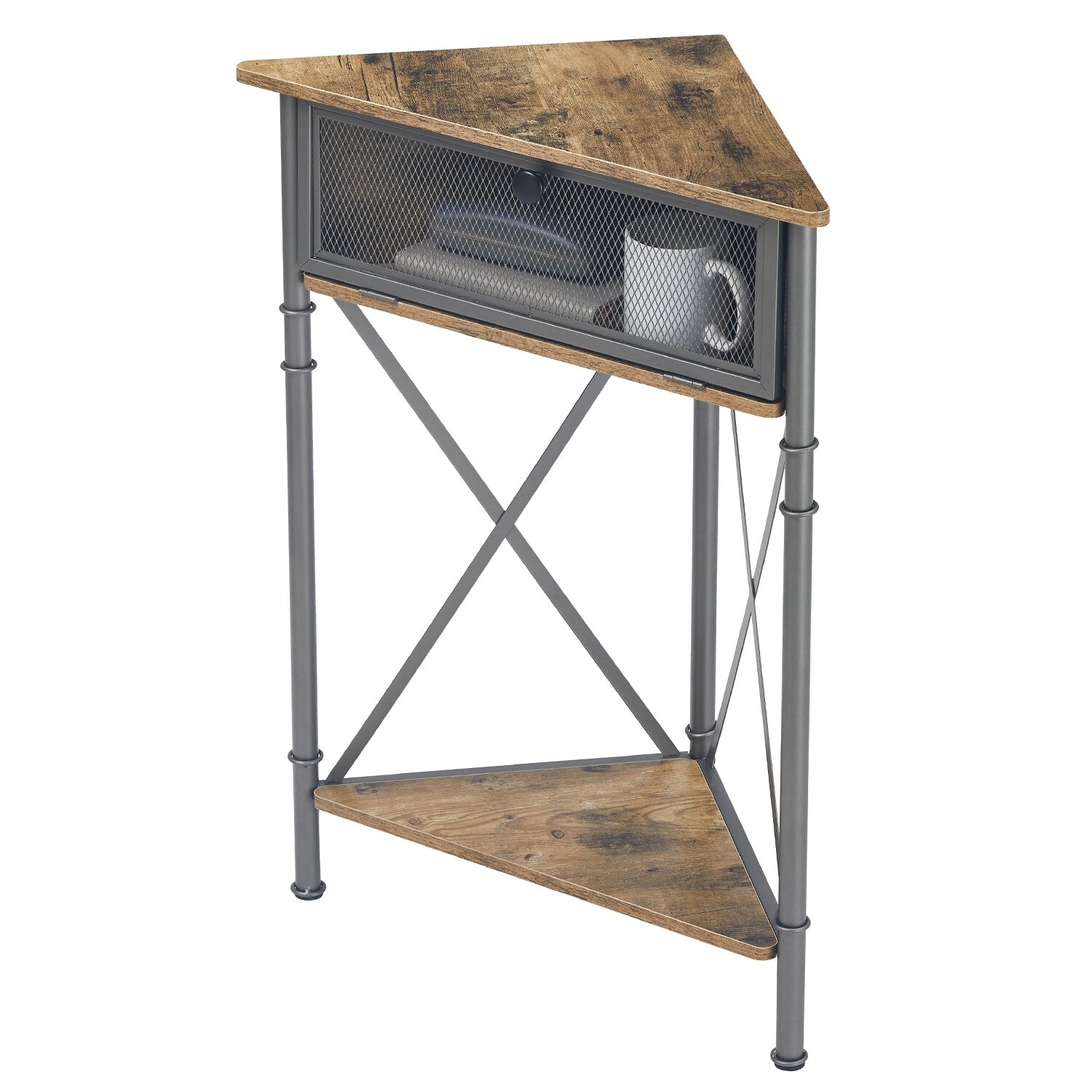 VECELO Industrial Style Corner Cabinet with Flip-Up Mesh Drawer