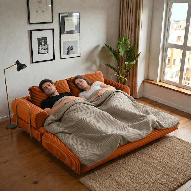 Convertible Sofa Bed Futon, Corduroy Folding Floor Couch with Pillows, Boneless Sleeper Mattress for Living Room