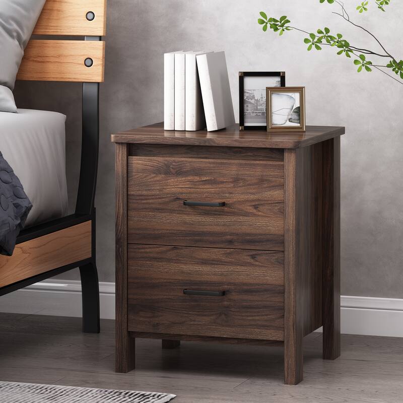 Faux Wood Nightstand with 2 Drawers, Contemporary Design, Easy Toolless Assembly, Storage Organizer for Bedroom