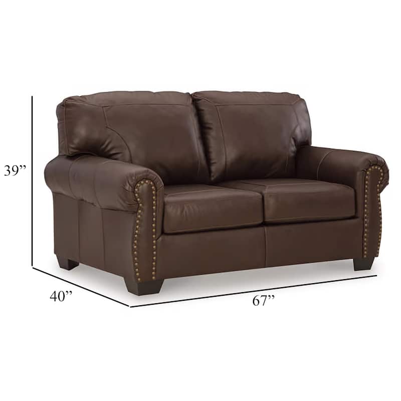 Reeve Loveseat, Rolled Arms, Nailhead Trim, Dark Brown Leather 67 Inch