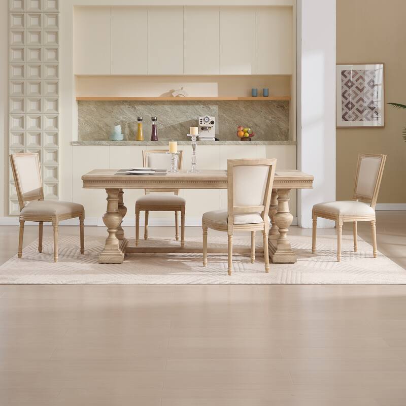 French Country Dining Chairs Set of 2, Upholstered Chairs with T-shaped Back, Wire drawing and carving techniques