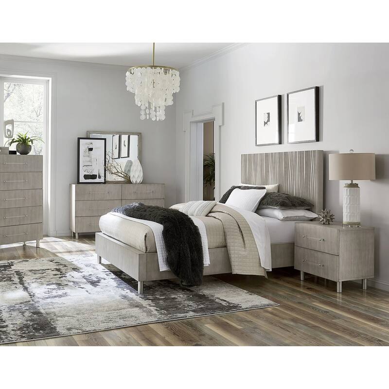 Minerva Modern Wave-Patterned Bed set in Misty Grey (Queen Bed and 2-Nightstands)
