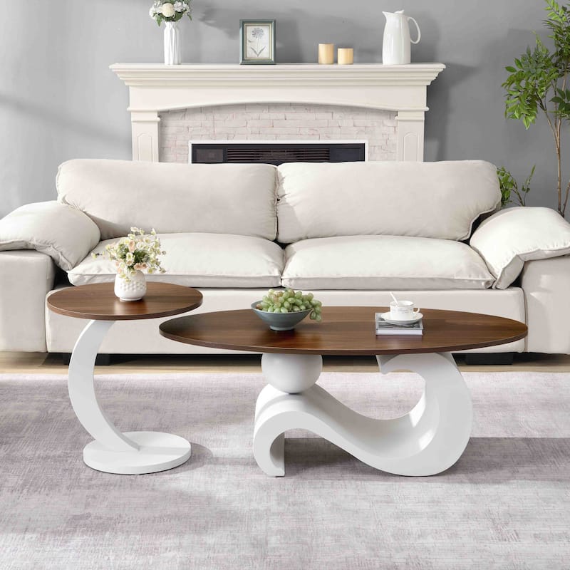 Nesting Coffee Table Set Of 2,Oral And Round Coffee Table Set,Table For Living Room,Large 47.24'',Small 19.69'' - Brown white