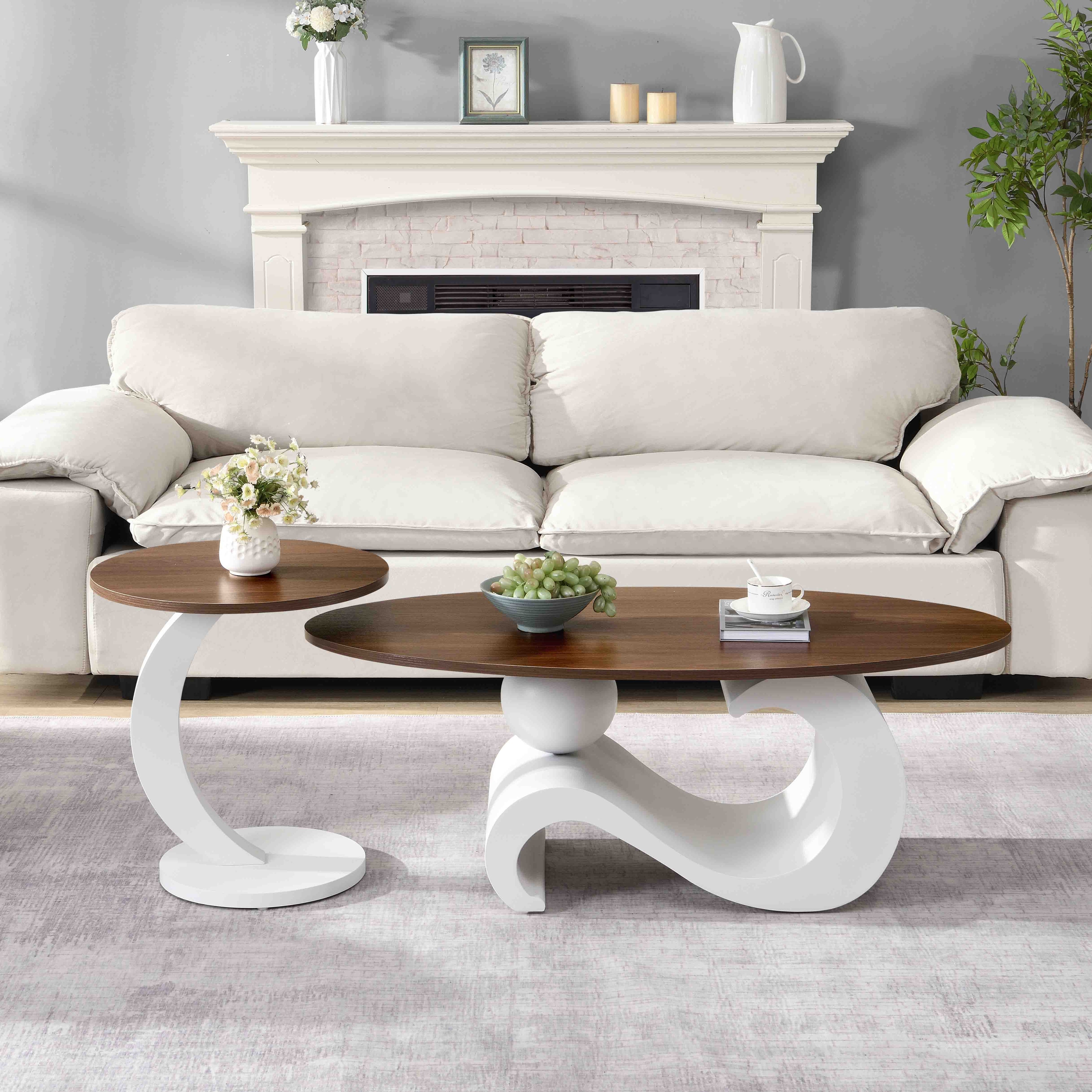 White Nesting Coffee Table Set of 2, Oral and Round Coffee Table Set, Table for Living Room, Large 47.2"