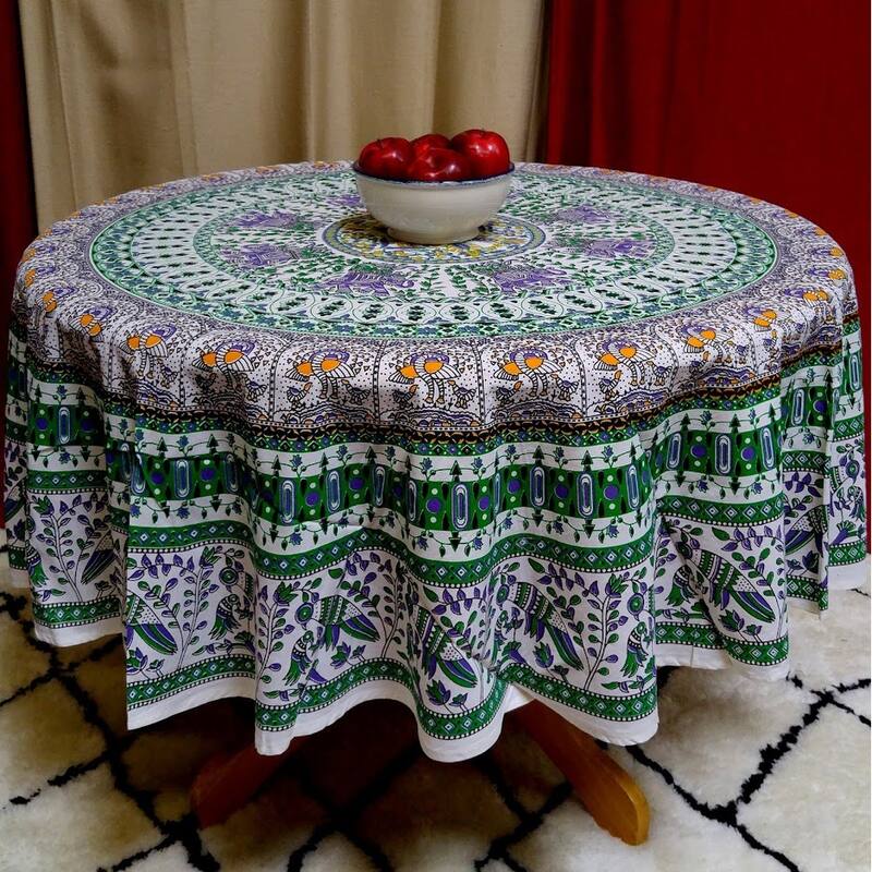 Mighty Elephant and Peacock Print Cotton Tablecloth Round - Green