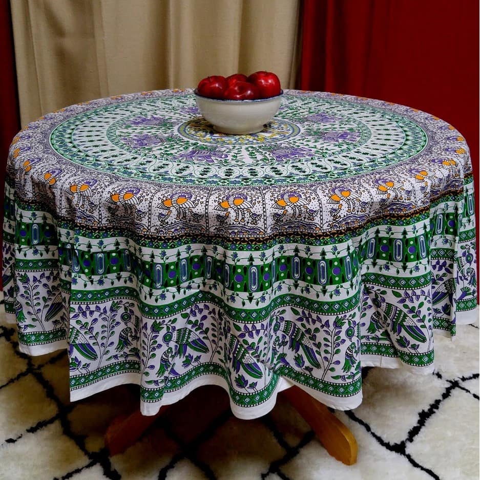 Mighty Elephant and Peacock Print Cotton Tablecloth Round