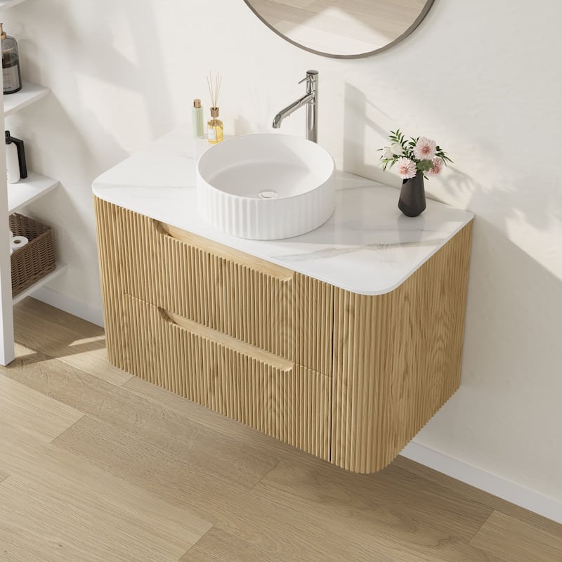 36" Floating Bathroom Vanities with Single Sink,Natural Wood Texture