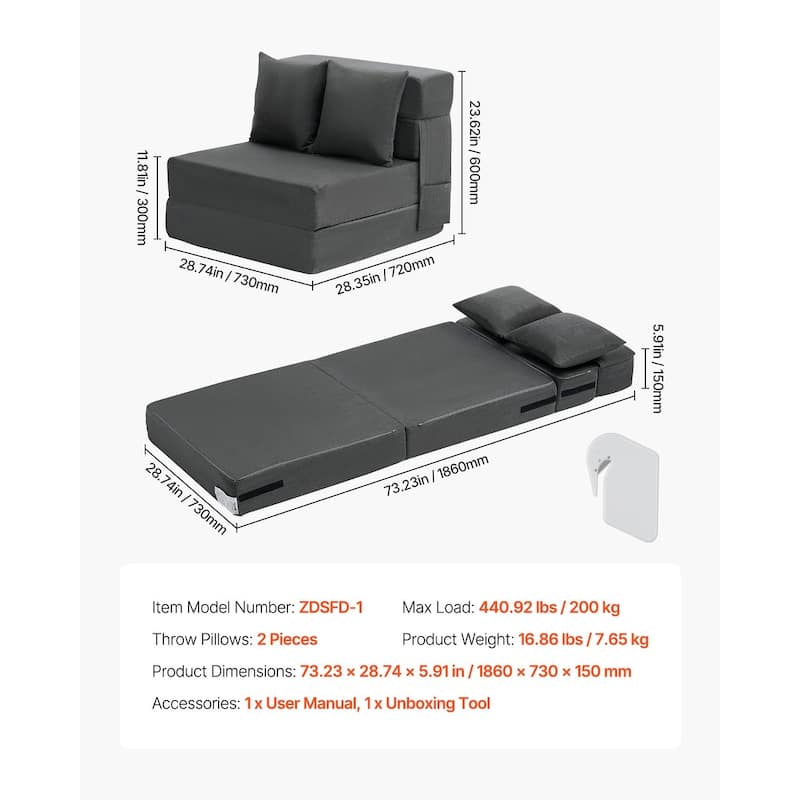 Dark Grey Single Foam Fabric Foldable Sofa Bed with Pillows and Washable Cover - 73.23” L x 28.74” W x 5.91” H