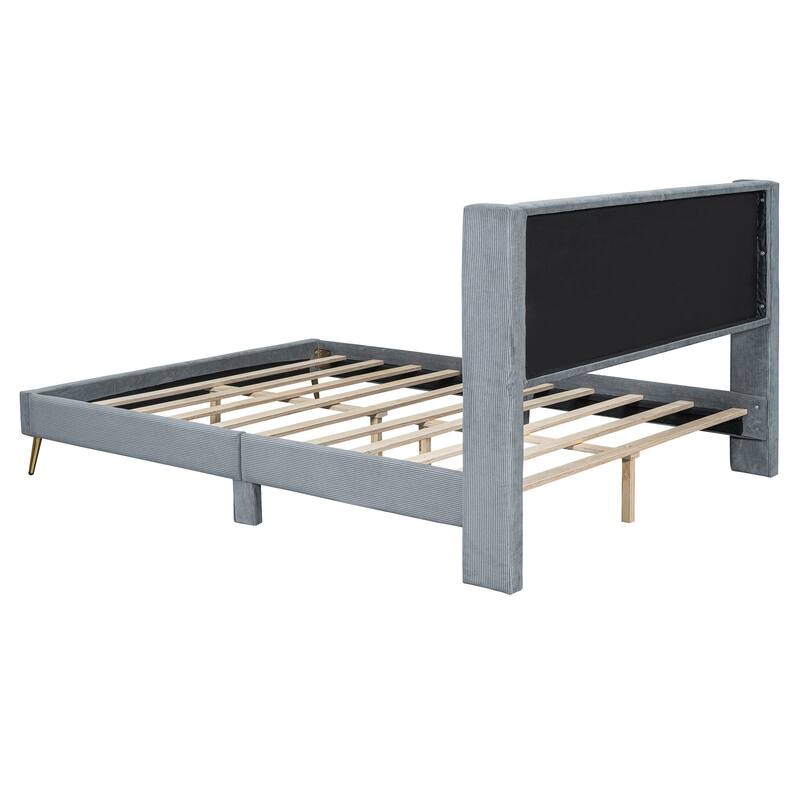 Queen Size Corduroy Platform Bed with Metal Legs, Gray