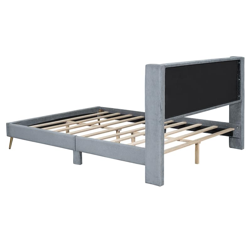 Roomfitters Queen Size Corduroy Platform Bed with Metal Legs and Luxurious Upholstery for Modern Bedrooms
