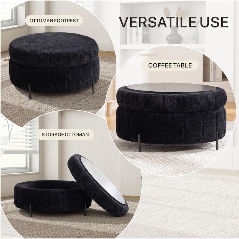 31.3"W Round Storage Ottoman, Footstool with Reversible Lid,Coffee Table,Metal Legs