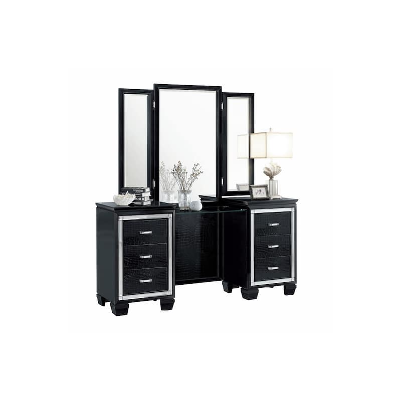 Audi 5 Piece Black Modern Faux Leather Upholstered Tufted LED Panel Bedroom Set