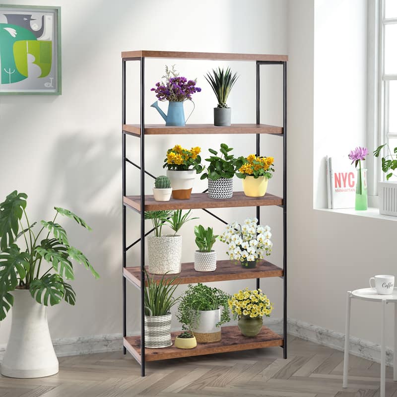 5 Tier Bookcase Industrial Wood Bookshelf Accent Display Rack