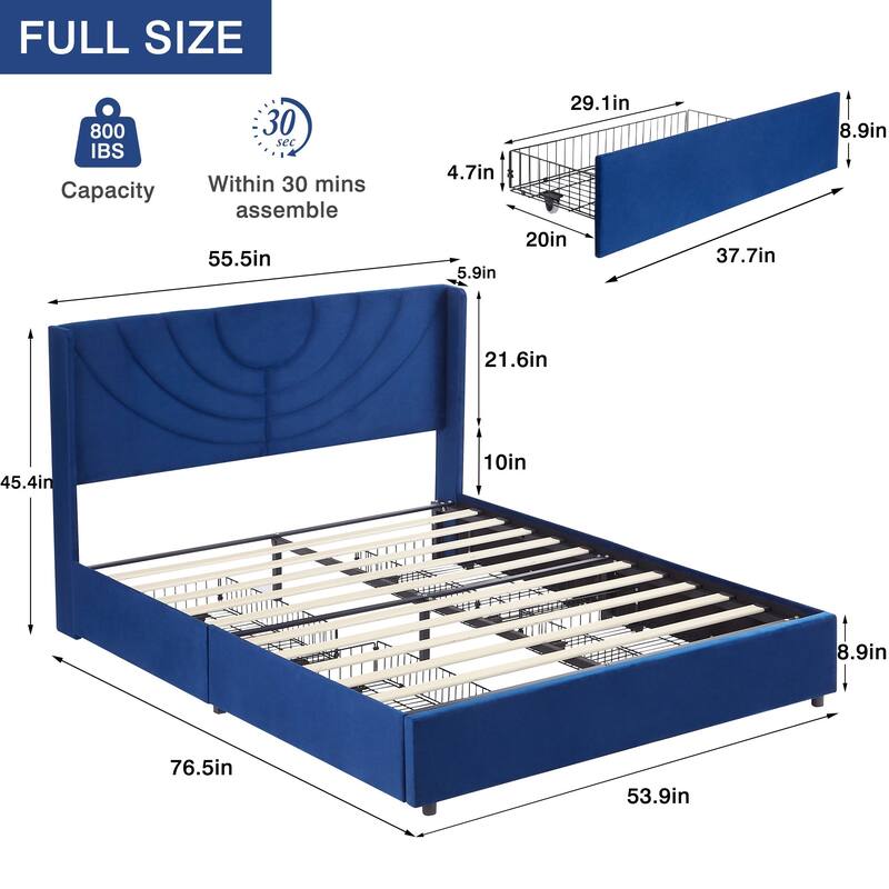 VECELO Upholstered Bed Frame with Headboard & 4 Storage Drawers
