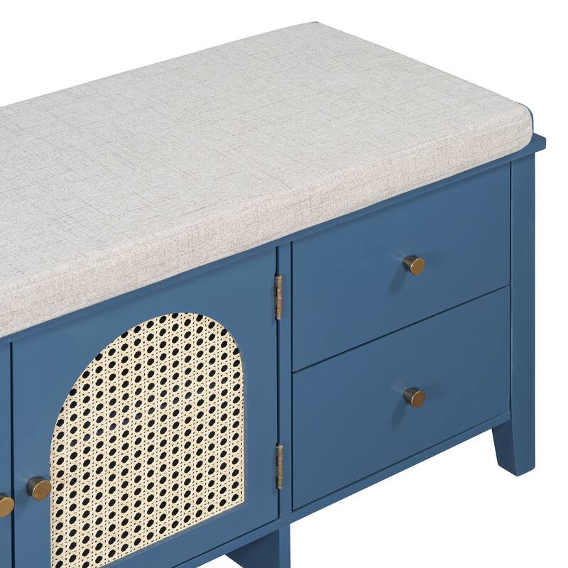 Wood Frame Bench with Shoe Storage, Shoe Bench with Rattan Arched Door and 2 Drawers Entryway Fabric Upholstered Bench