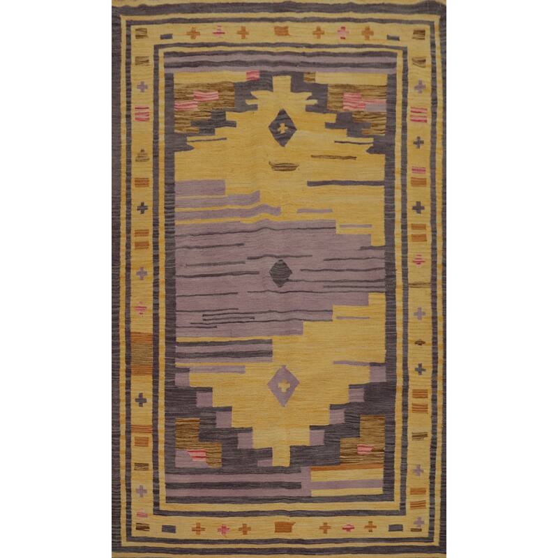 Hand Woven Oriental 100% Wool Carpet Southwestern Tribal Yellow & Gold Kilim Area Rug - 8' 0'' X 5' 0''