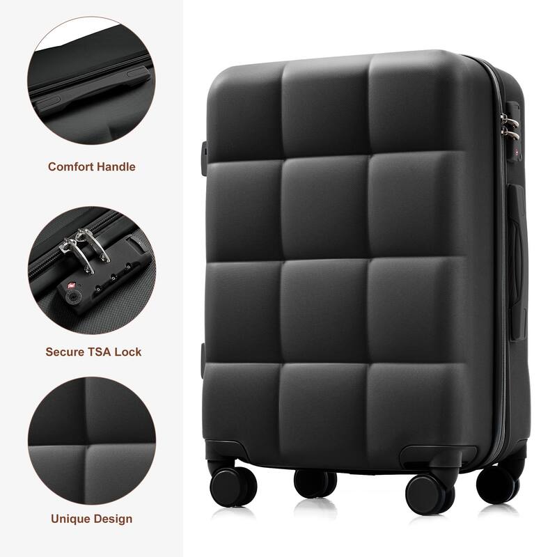 Luggage Set of Three, ABS Hard Shell Luggage with Spinner Wheels. - Black