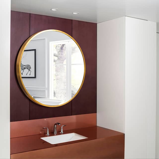 Neutypechic Modern Thin Frame Wall-Mounted Vanity Round Mirror - 36 - Gold