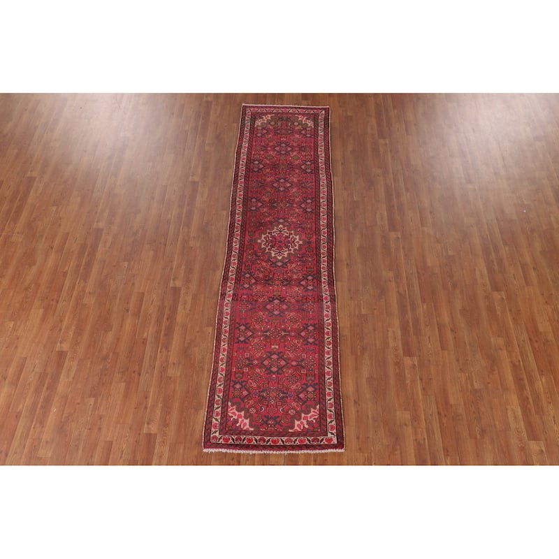 Fuchsia Hamedan Persian Vintage Runner Rug Handmade Wool Carpet - 2'7"x 9'10"