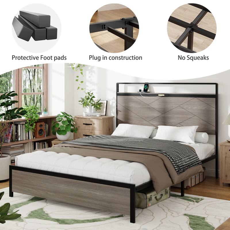 Queen Platform Bed with LED, Charging & Storage