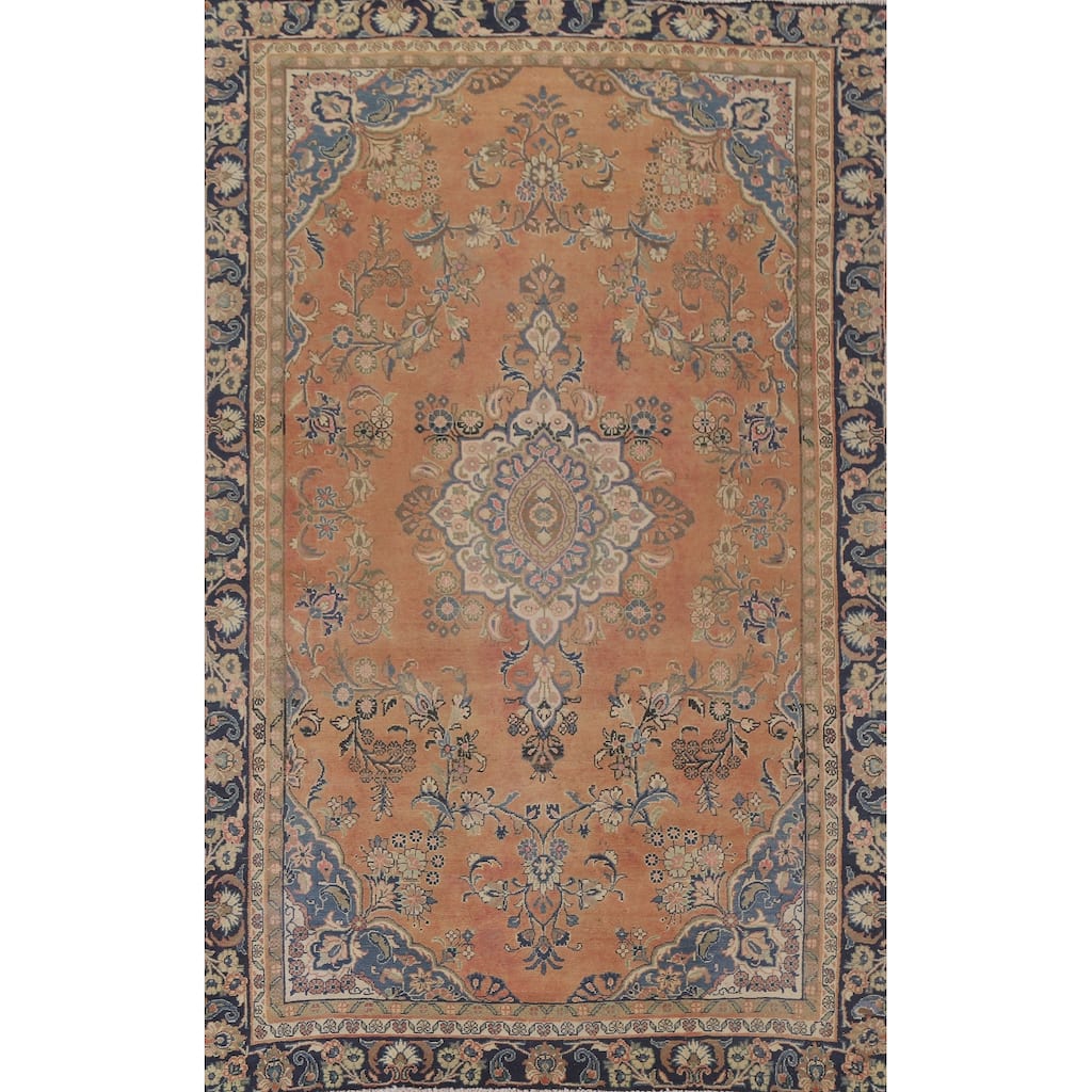 Hand Knotted Oriental 100% Wool Carpet Traditional Floral Oranges & Rust Mashad Area Rug - 9' 1'' X 5' 10''