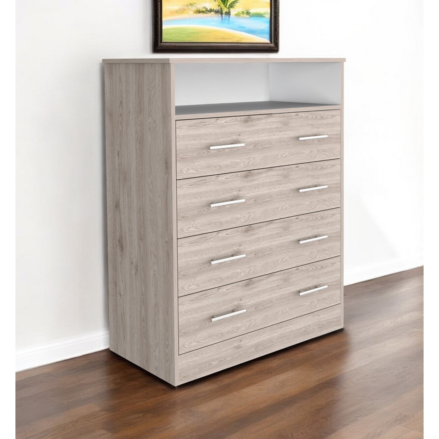 HomeRoots 33" Light Gray Four Drawer Standard Chest With Open Shelf