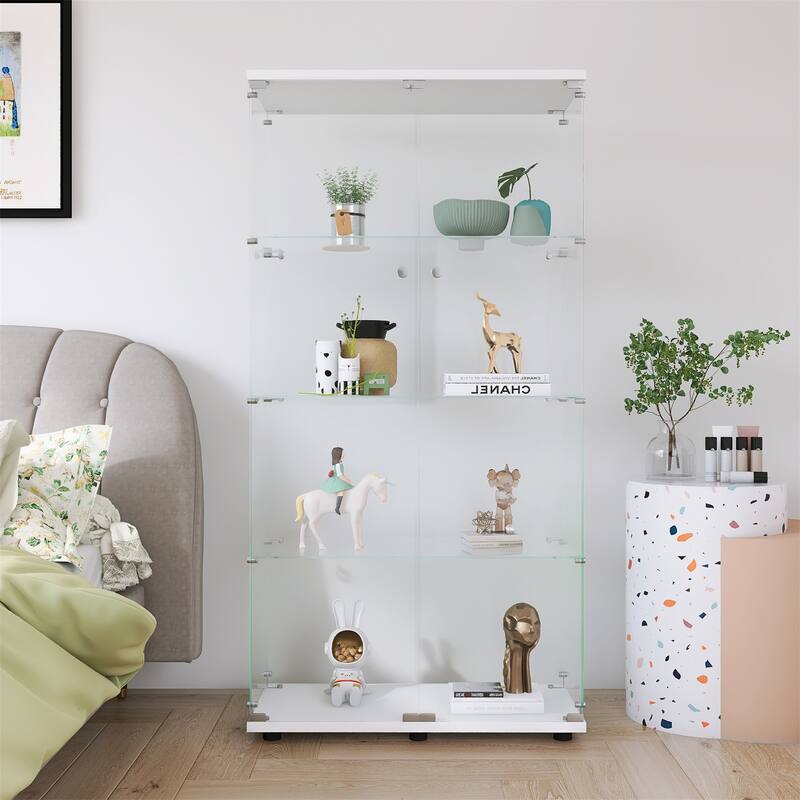 Two-door Glass Display Cabinet 4 Shelves with Door - White