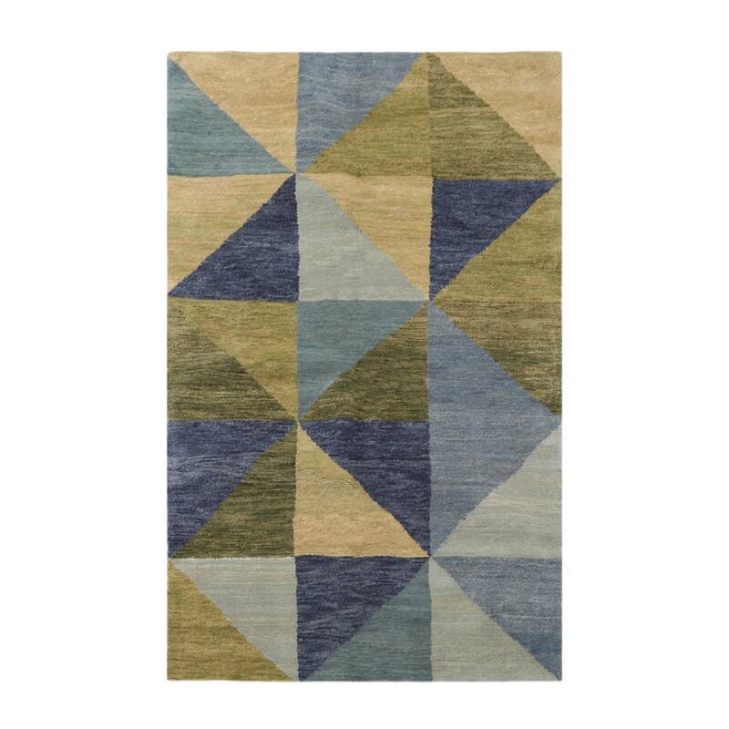 Hand Knotted Blue, Green Tibetan Wool Traditional Oriental Area Rug - 4' 1'' x 5'