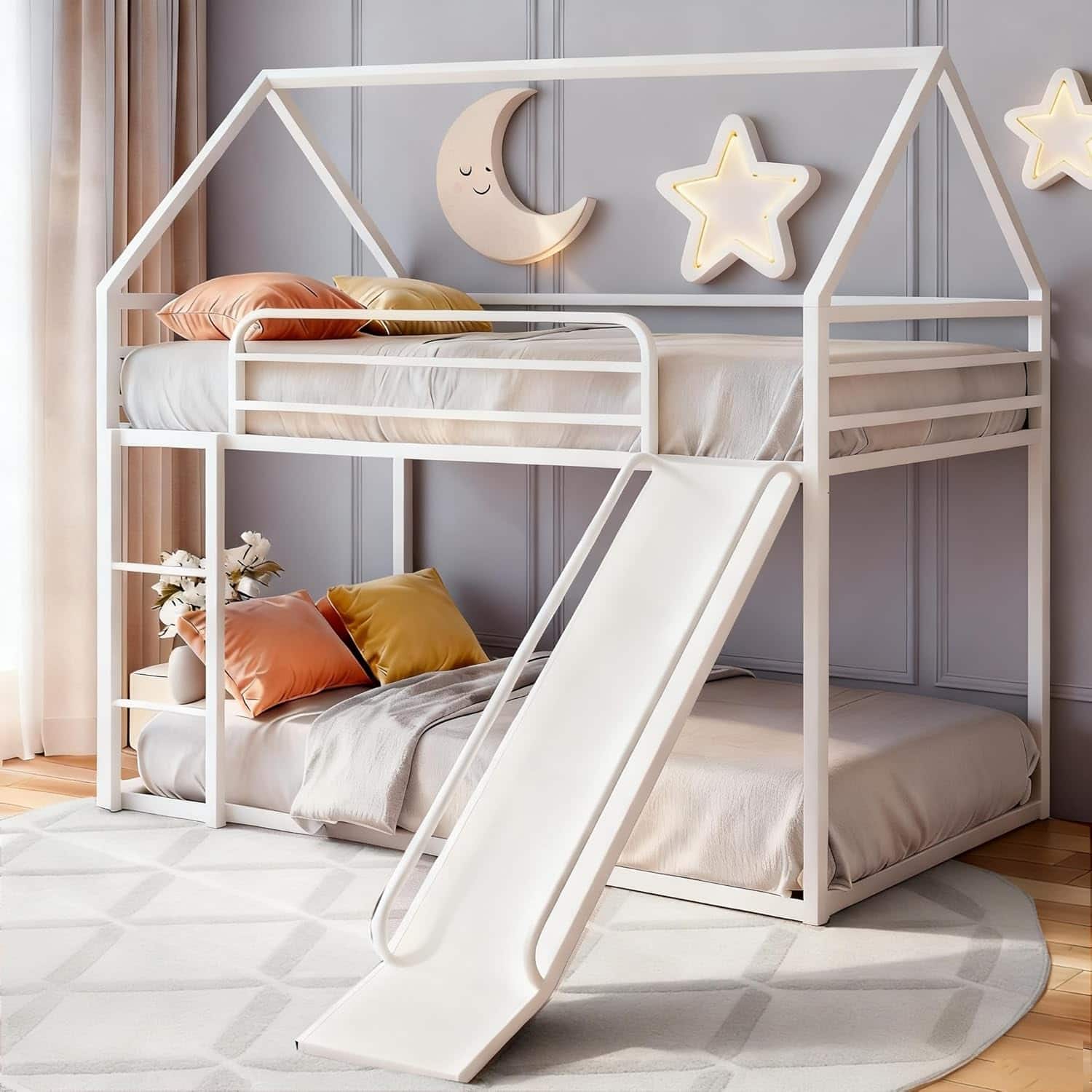 Kids Twin Over Twin Bunk Bed with Slide, Low Metal Frame, Safety Guardrail & Convertible Ladder, Space-Saving House Design
