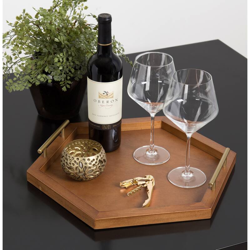 Halsey Hexagon Decorative Wood Tray with Polished Metal Handles