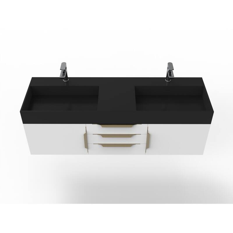 Amazon 60" Wall Mounted Bathroom Vanity Set w/ Black Top