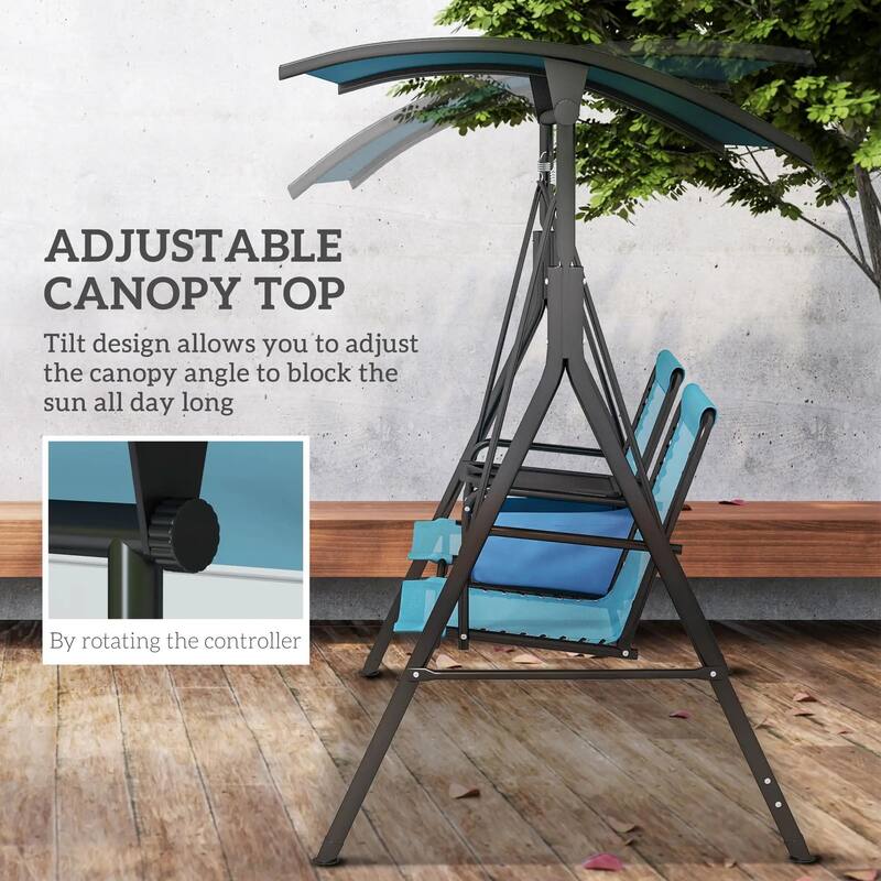 2-Seater Porch Swing with Pivot Table, Cup Holder, Adjustable Canopy