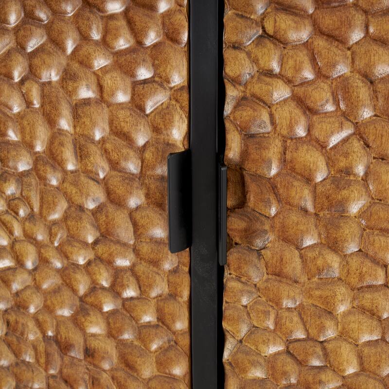 Black Wooden Handmade Carved Pebbled 3 Door Buffet with Brown Wood Doors