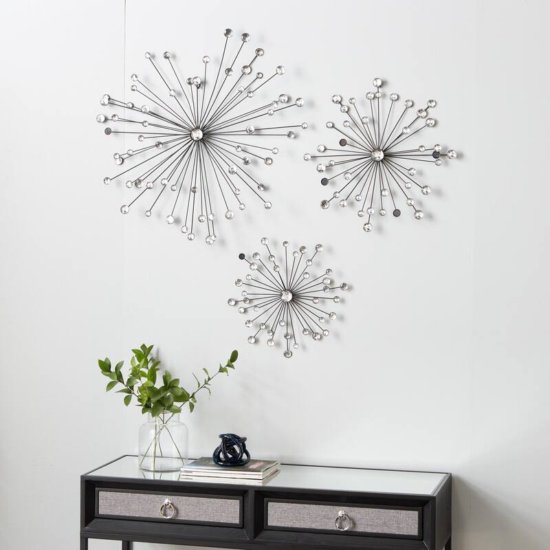 Metal Sunburst Home Wall Decor with Crystal Embellishment - Set of 3 Black - Roche River Decor