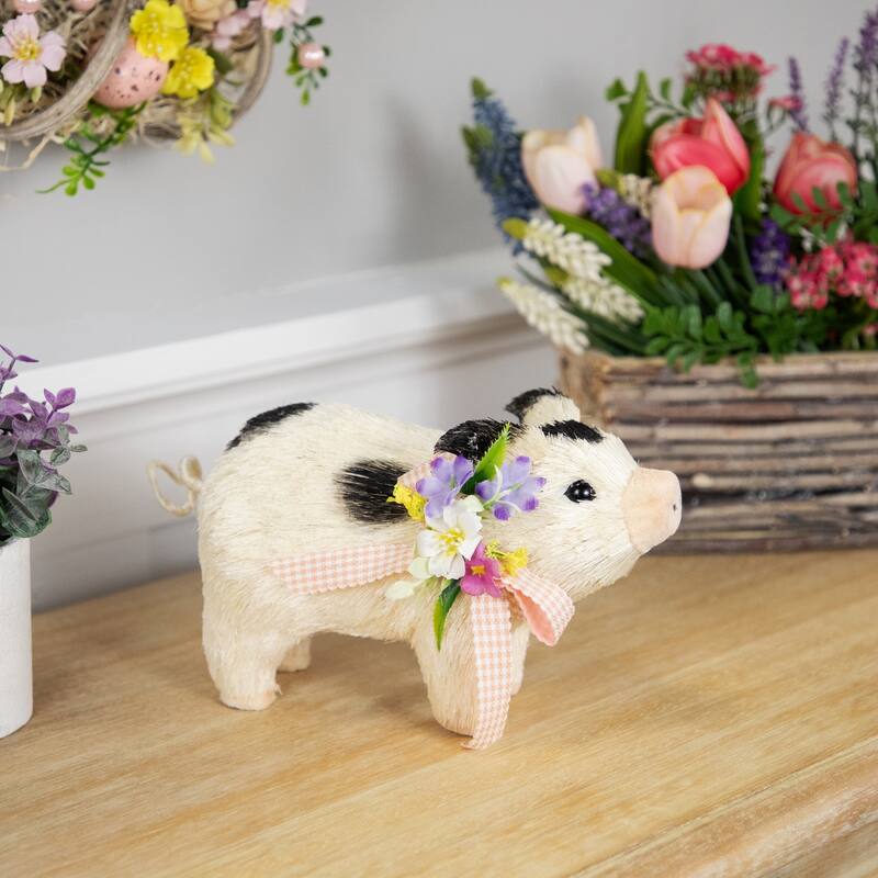 Spotted Piglet with Bow and Flowers Spring Figurine - 9"
