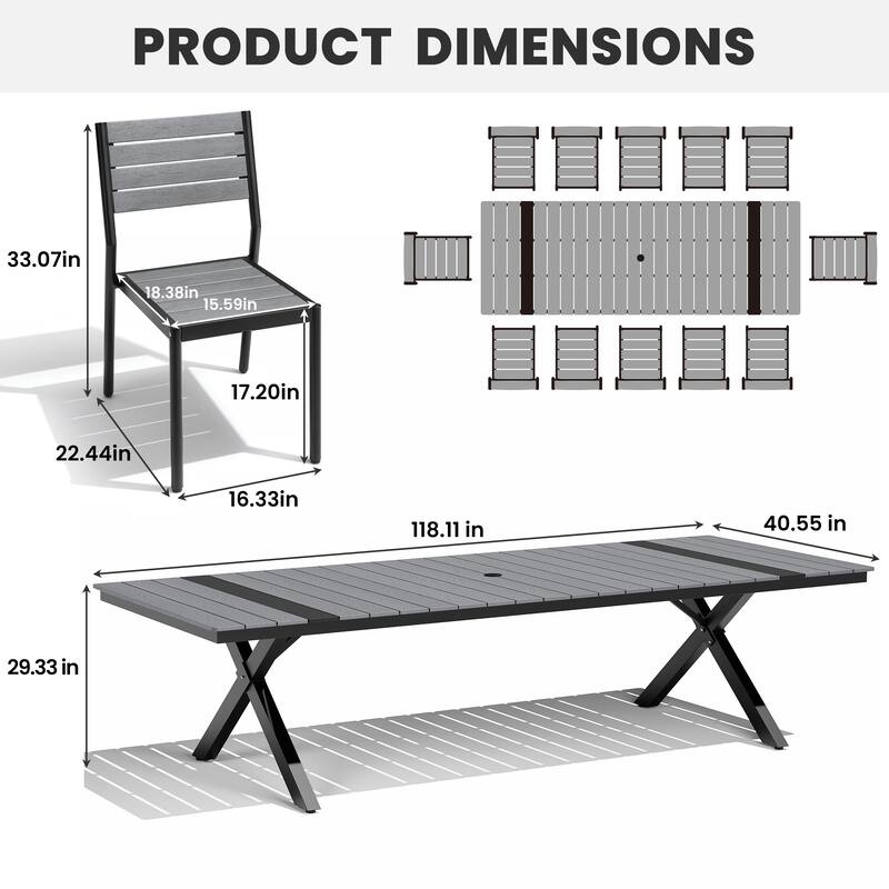 13-Piece Outdoor Dining Set Aluminum Dining Table with Umbrella Hole and Stackable Chairs