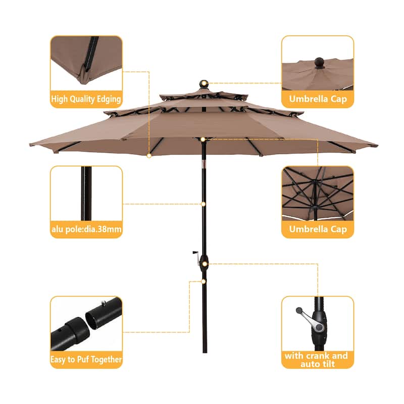 Clihome 10FT 3-Tiers Vented Round Market Umbrella with Crank Lift