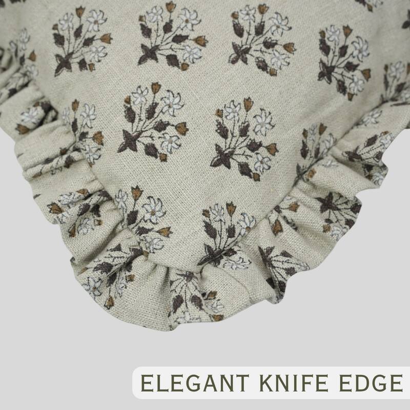 Fabdivine Heavy Linen Floral Ruffled Both Side Cushion Cover Home Décor Accent