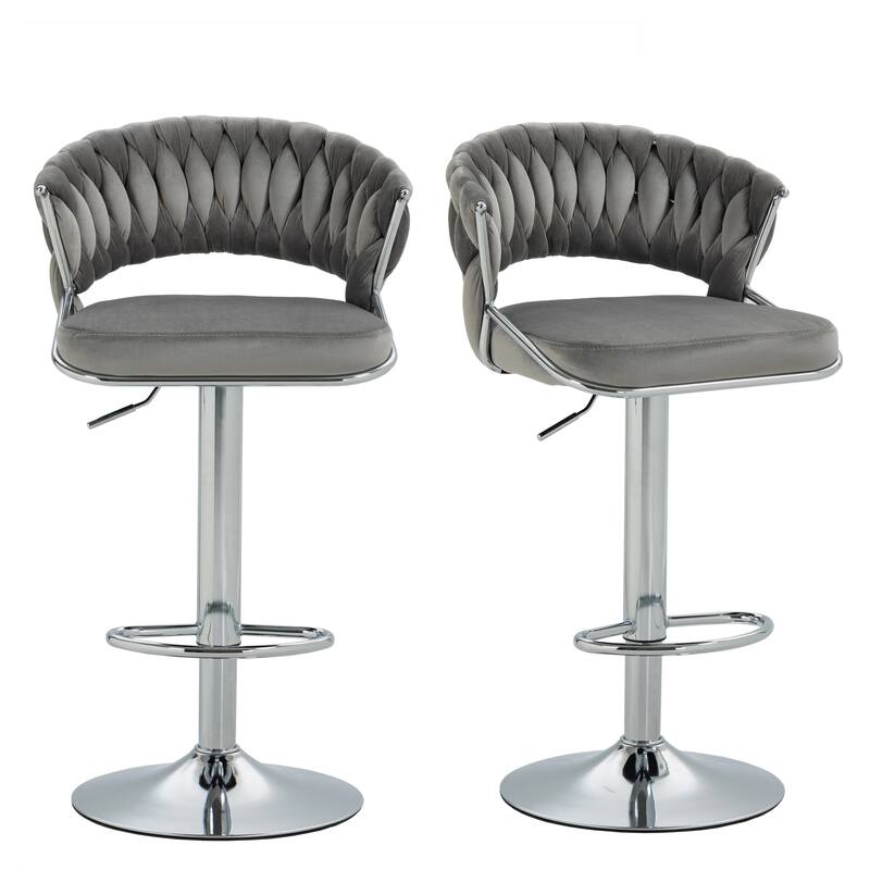 Modern Velvet Counter Bar Stools with Backs(Set of 2) - Grey-Silver