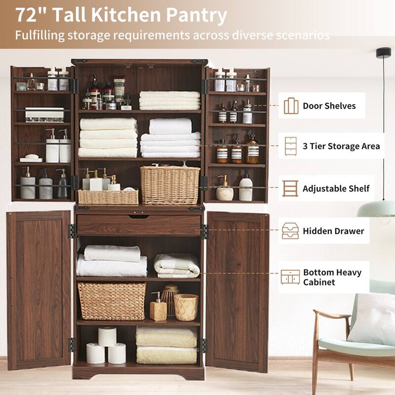 Farmhouse Wood Pantry Cabinet with Barn Doors, Adjustable Shelves