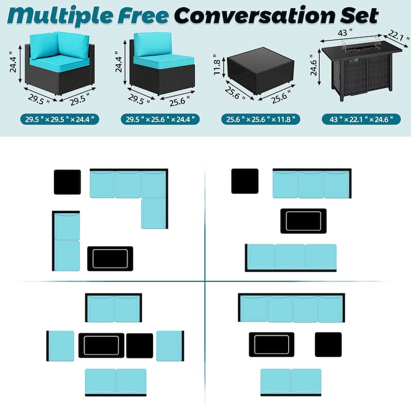 8-Piece Outdoor Patio Wicker Conversation Set with Fire Pit Table, Sectional Sofa & Cushions - N/A