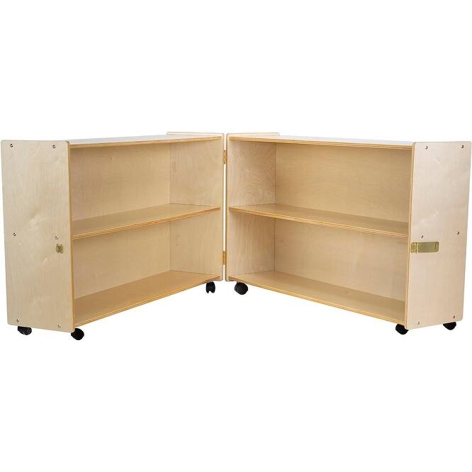 RRI Goods Montessori Wooden Folding Bookcase with Casters, Toy Organizer Storage Unit for Classroom Natural Wood Finish