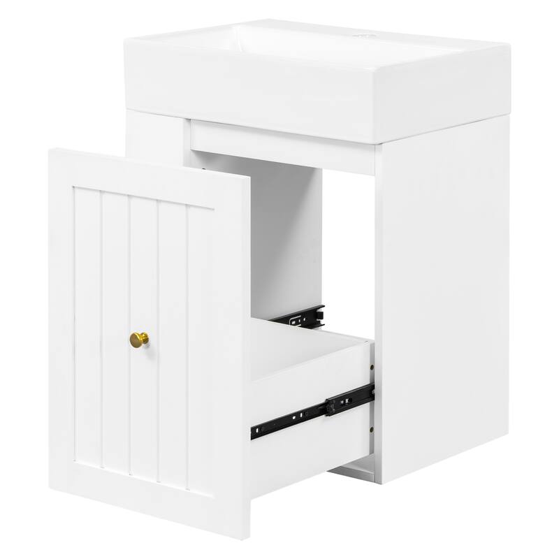 20 Inch Wall-mounted Bathroom Vanity with Ceramic Sink, Floating Bathroom Vanity Cabinet with Side Shelf for Small Bathrooms