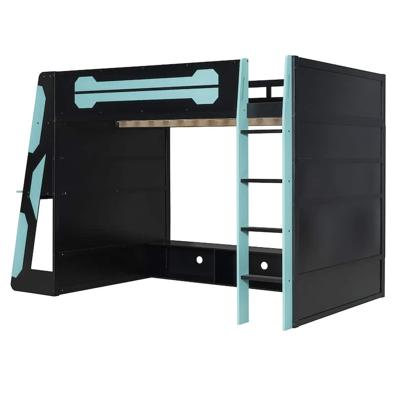 Full Size Gaming Loft Bed Esports-Inspired Bed with Desk Shelves and Charging Station for Gaming Bedroom Setup, Esports Hotels