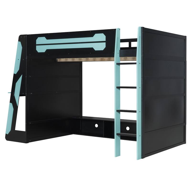 Teens All-in-One Esports Gaming & Work Loft Bed with Built-in RGB Lights, Side Gaming Desk, Console Storage, TV Area and Shelves