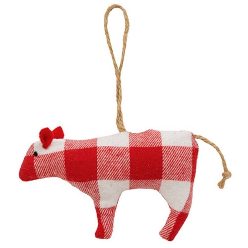 Red-White Fabric Plush Cow Ornament with Jute Hanger, Flannel Check - 4.50 x 1 x 2.50 in. - White/Red