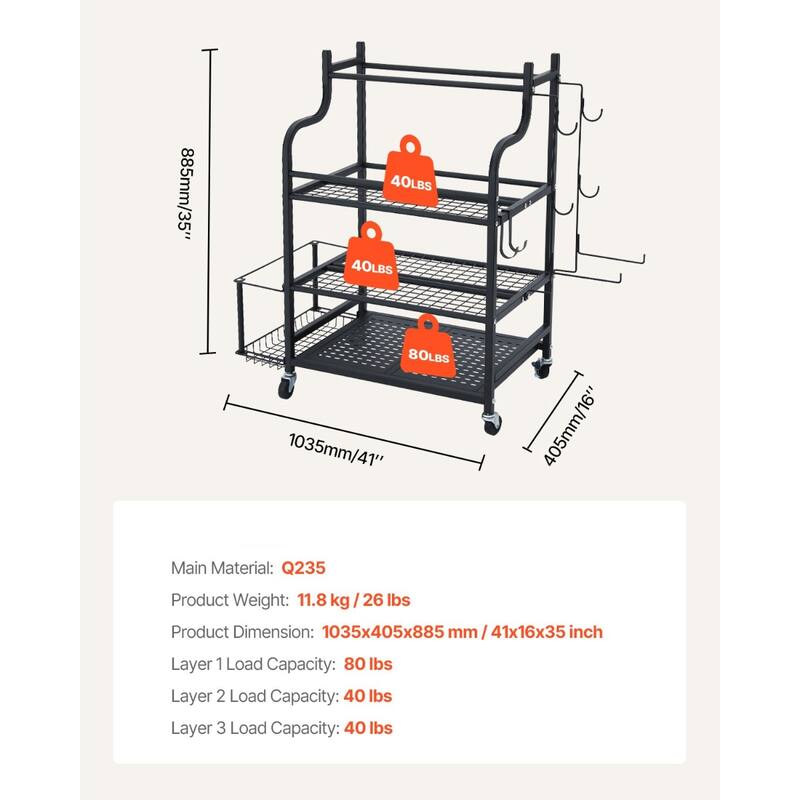 Black Steel Gym Rack with Wheels, 3-Tier Organizer for Equipment Organizer - 41” L x 16” W x 35” H