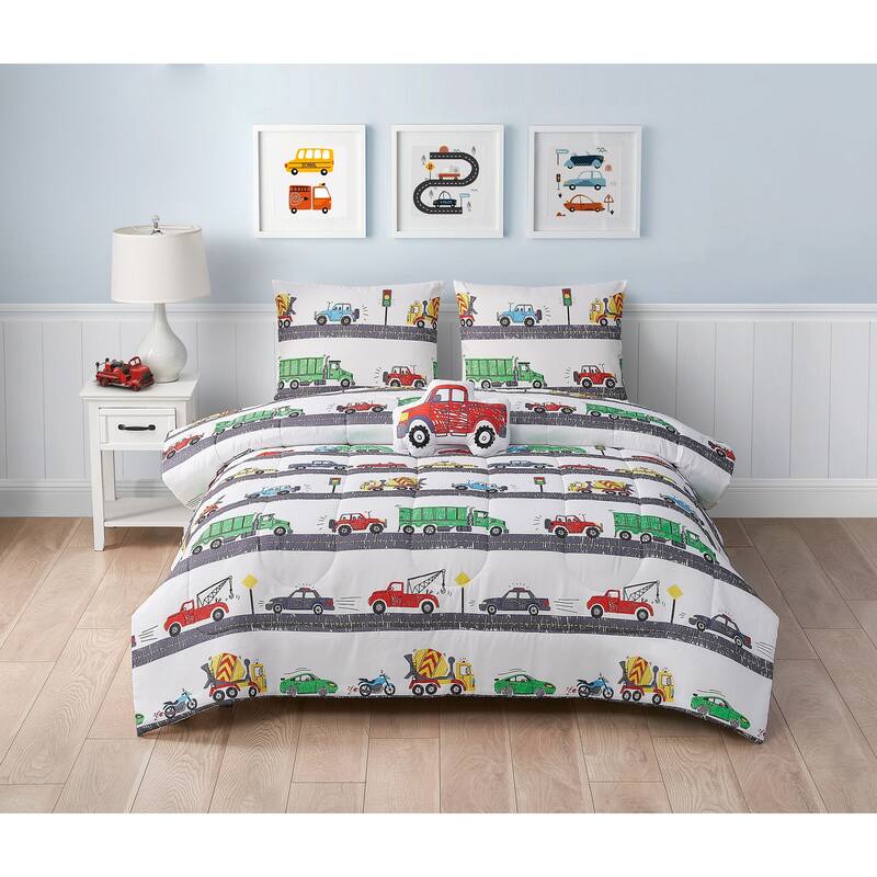 Roads Juvenile Comforter Set - Twin - Green,Blue,White - 3 Piece
