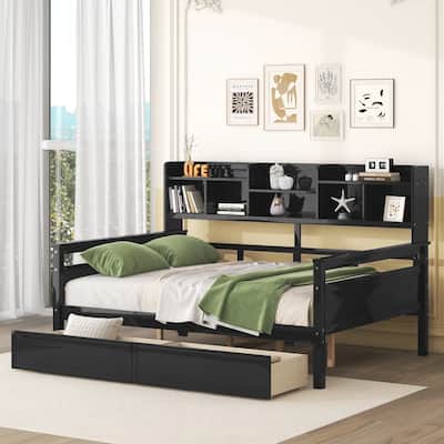 Full Size Wooden Daybed with Storage Drawers and Bedside Shelf, Slatted Support Frame for Bedroom or Living Room